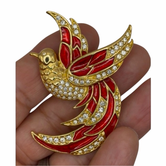 Vintage 90s Giorgio Bird Brooch Red Enamel Cubic Zirconias Gold Tone Plated Nwot - Picture 7 of 9